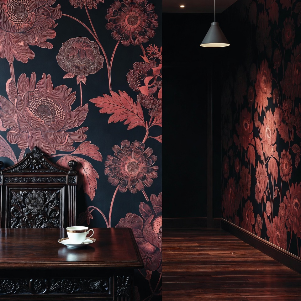 Low modular floral arrangements lined along a wood dining table