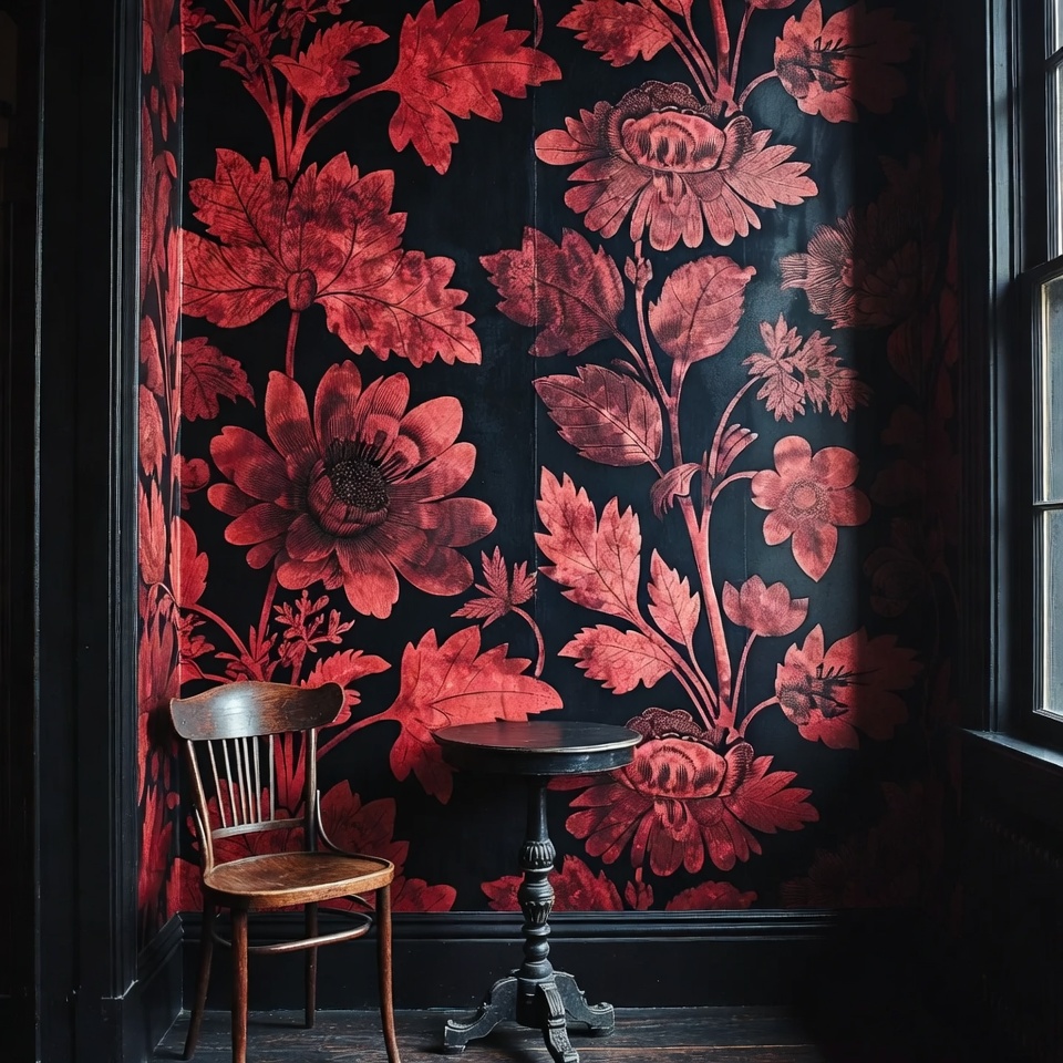 Tall floral column positioned beside a mirror in a small entry hall